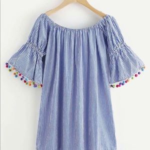 Blue pinstripe dress with Pom Pom trim